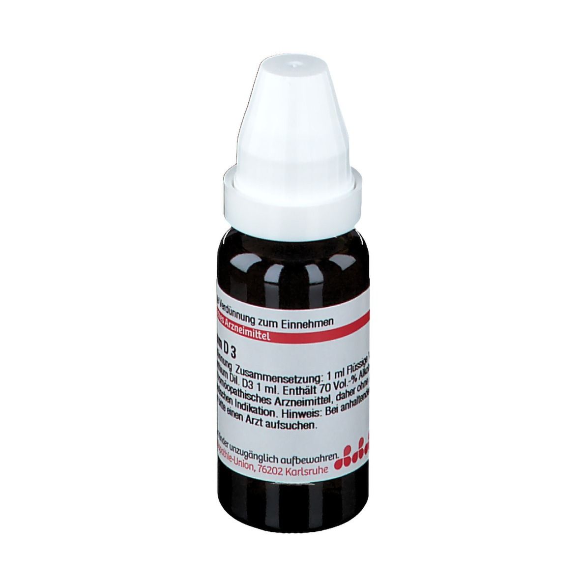 Braune Glasflasche mit weißem Verschluss. Etikett mit Produktinformationen. DHU Absinthium D3.