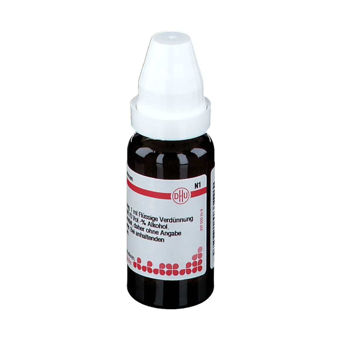 Braune Glasflasche mit weißem Verschluss. Etikett mit Produktinformationen. DHU N1.