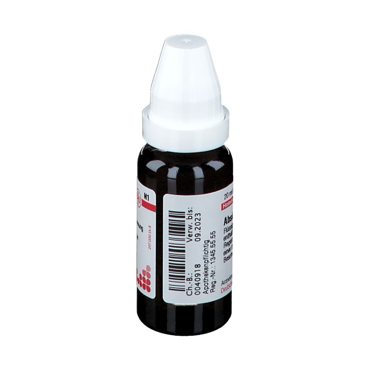 Braune Glasflasche mit weißem Verschluss. Etikett mit Produktinformationen und Barcode. DHU N1.