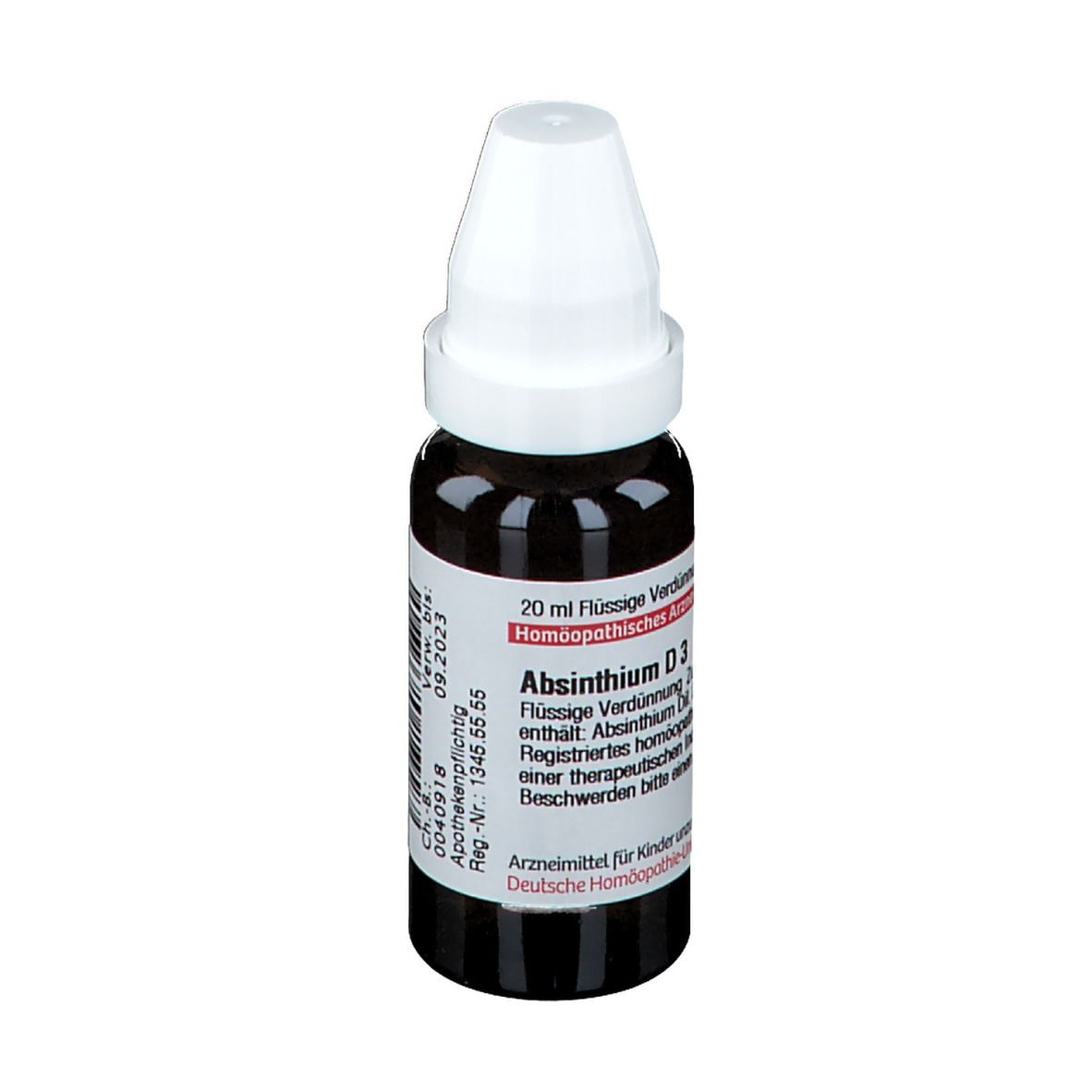 Braune Glasflasche mit weißem Verschluss. Etikett mit Produktinformationen. DHU Absinthium D3.