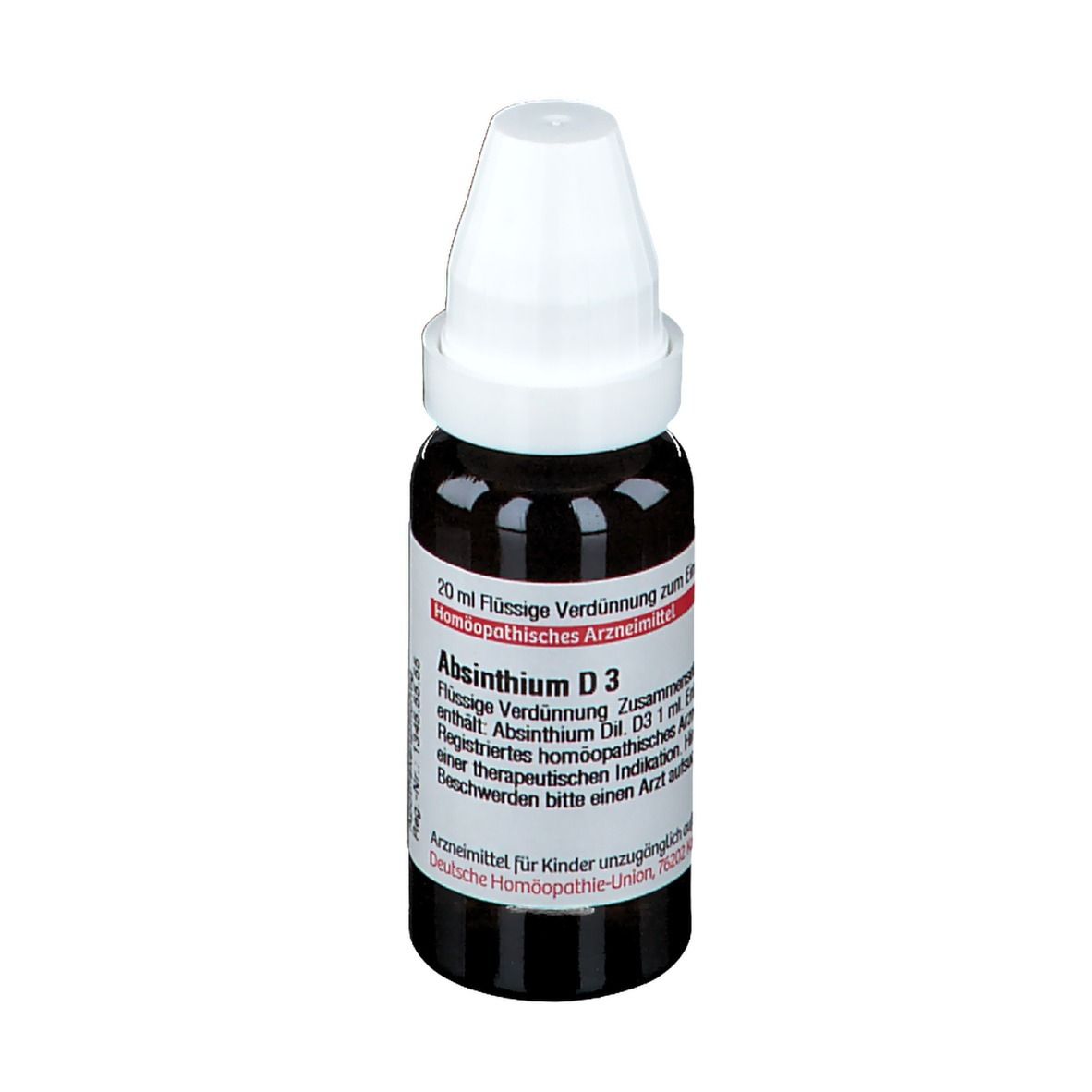 Braune Glasflasche mit weißem Verschluss. Etikett mit Produktinformationen. DHU Absinthium D3.
