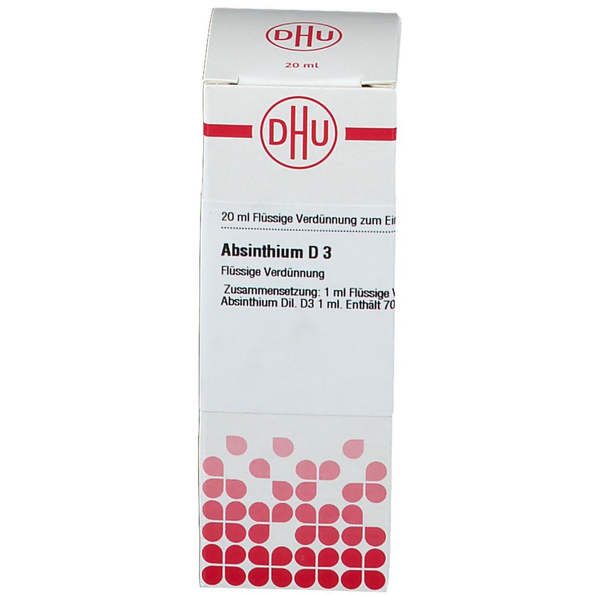 Weiße Produktverpackung mit DHU Logo. Aufdruck: DHU Absinthium D3. Text und Informationen.