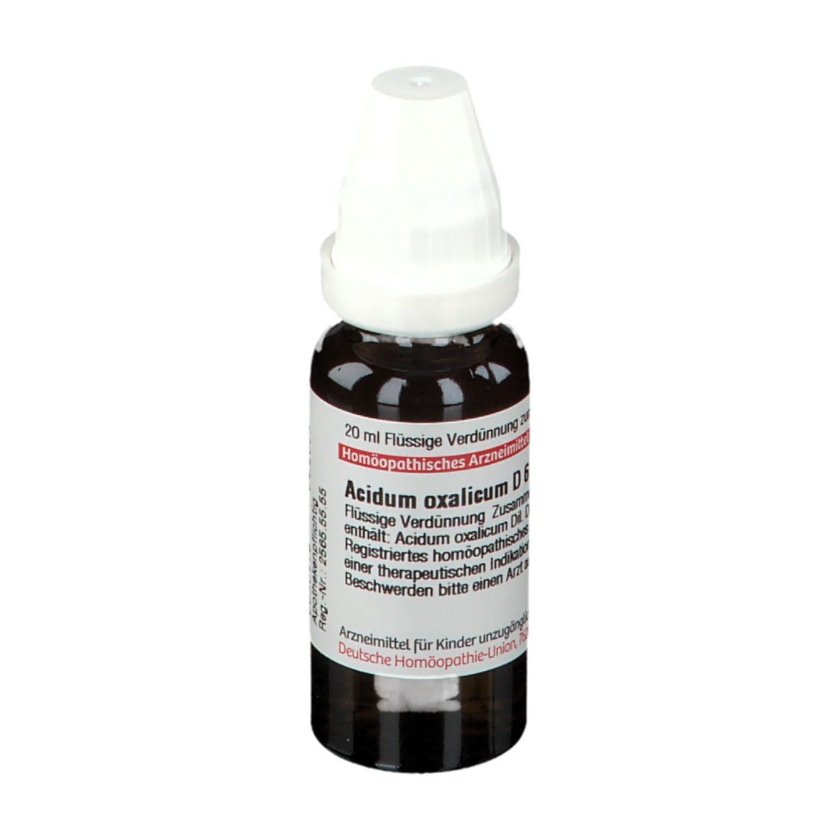 Braune Tropfflasche mit weißem Verschluss. Beschriftung: Acidum oxalicum D6, 20 ml Flüssige Verdünnung.