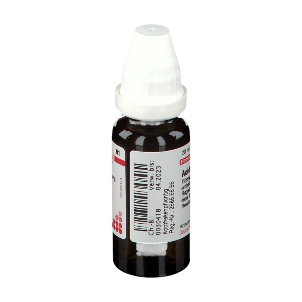 Braune Tropfflasche mit weißem Verschluss. Beschriftung: Acidum oxalicum D6, 20 ml Flüssige Verdünnung.