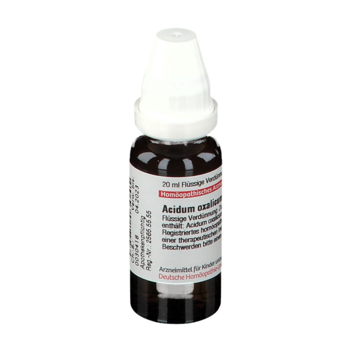 Braune Tropfflasche mit weißem Verschluss. Beschriftung: Acidum oxalicum D6, 20 ml Flüssige Verdünnung.