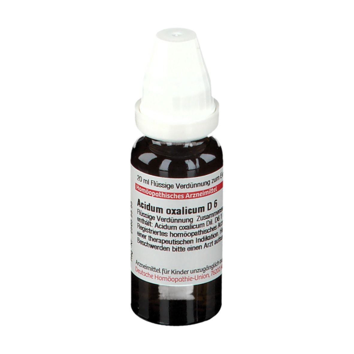Braune Tropfflasche mit weißem Verschluss. Beschriftung: Acidum oxalicum D6, 20 ml Flüssige Verdünnung.
