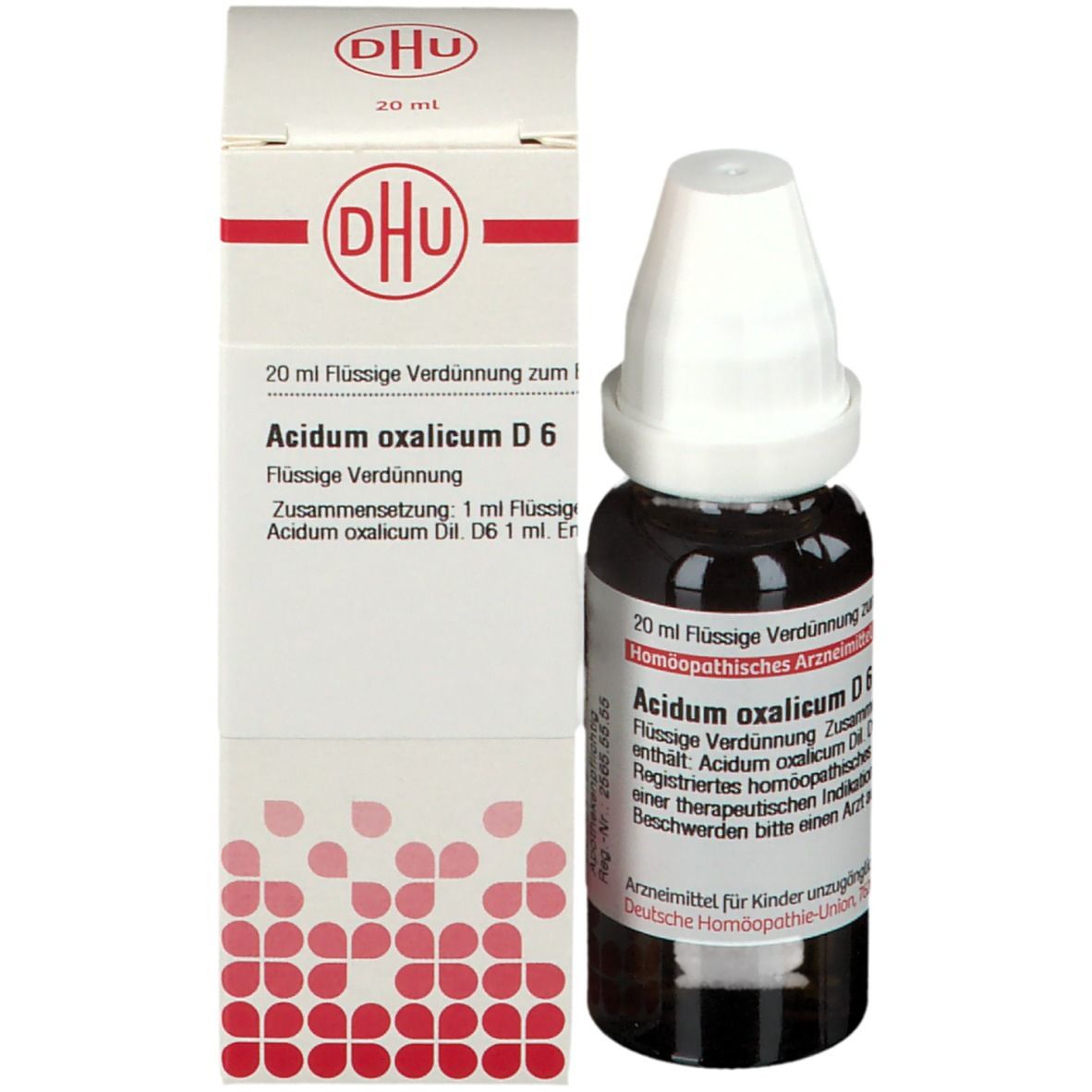 Braune Tropfflasche mit weißem Verschluss und Umverpackung. Beschriftung: DHU, Acidum oxalicum D6, 20 ml.