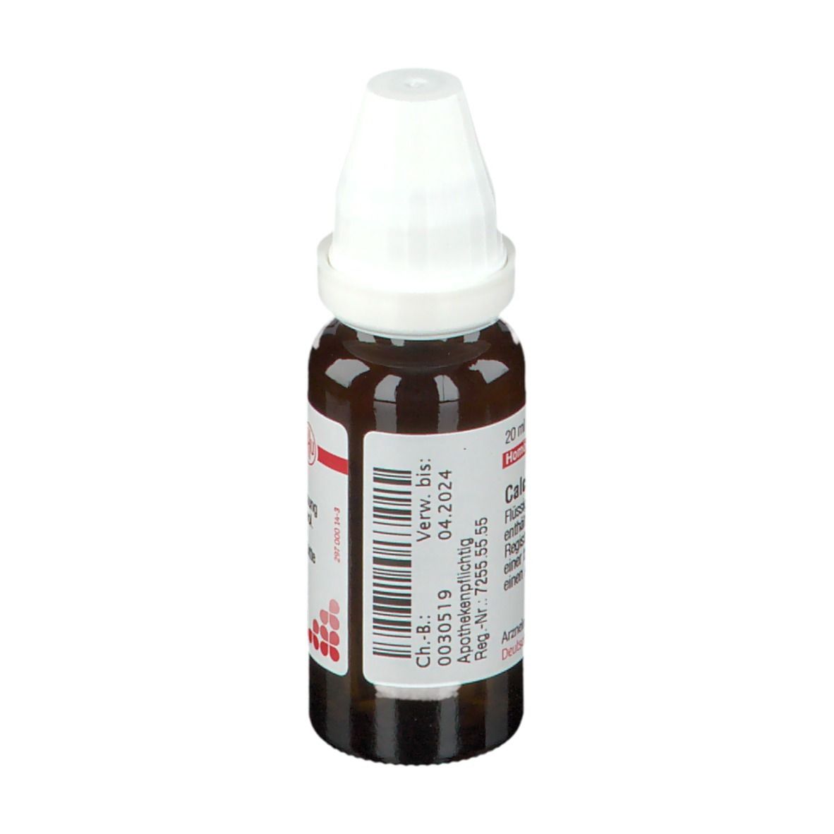 Braune Tropfflasche mit weißem Verschluss. Etikett mit roter Schrift. Verfallsdatum 04.2024. Produktname: Calcium Jodatum D 12.