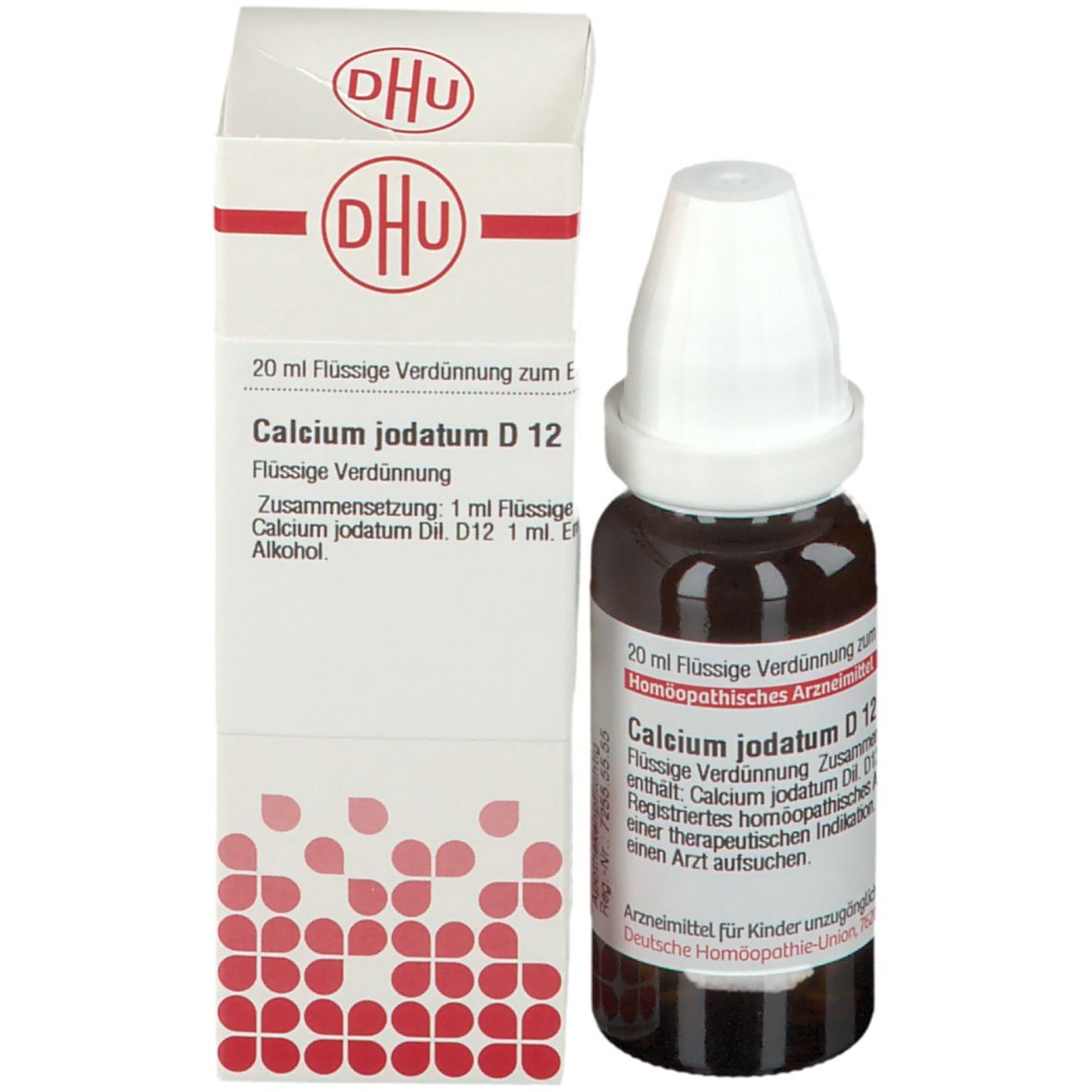 Braune Tropfflasche und Schachtel. Schachtel mit DHU-Logo und Produktname: Calcium Jodatum D 12. Volumen: 20 ml.