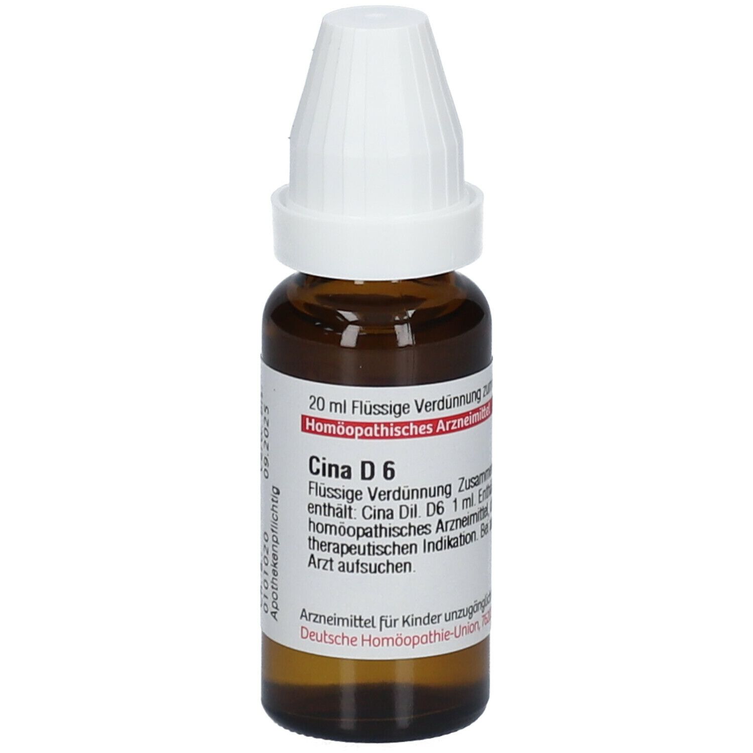 Braune Glasflasche mit weißem Verschluss. Etikett mit Produktinformationen: Cina D6, 20 ml flüssige Verdünnung.