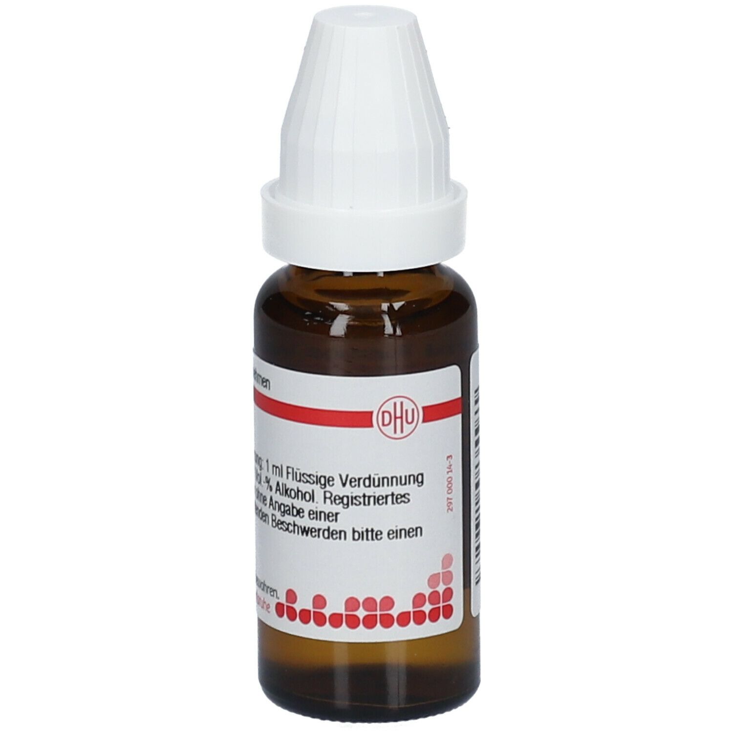 Braune Glasflasche mit weißem Verschluss. Etikett mit Produktinformationen und DHU-Logo.