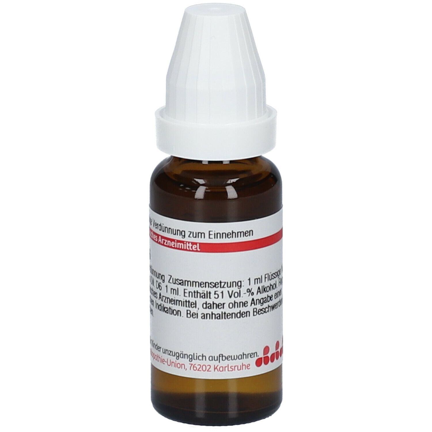 Braune Glasflasche mit weißem Verschluss. Etikett mit Produktinformationen und rotem Streifen.