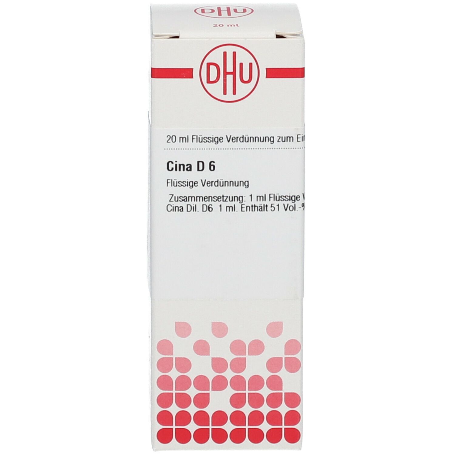 Weiße Verpackung mit DHU-Logo und Produktinformationen: Cina D6, 20 ml flüssige Verdünnung.