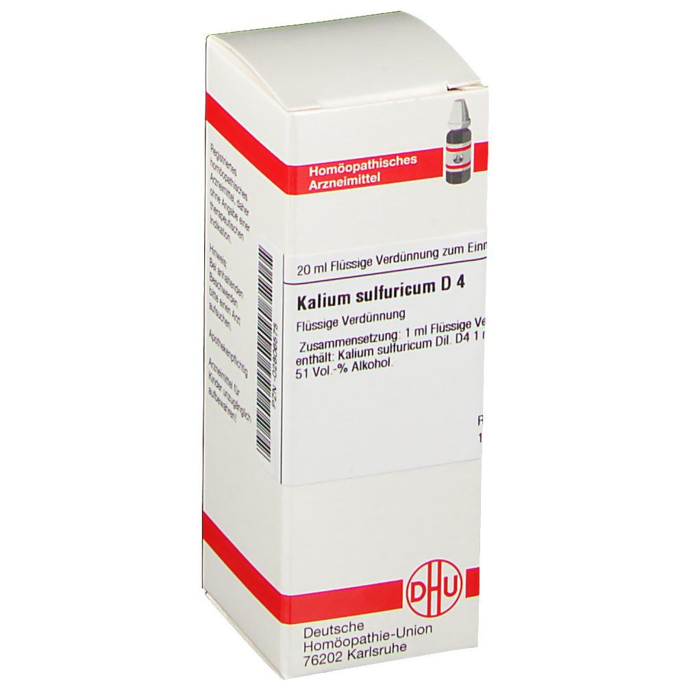 Weiße Schachtel mit roter Umrandung. Aufschrift: Kalium sulfuricum D4, DHU Logo. Tropfflasche sichtbar.