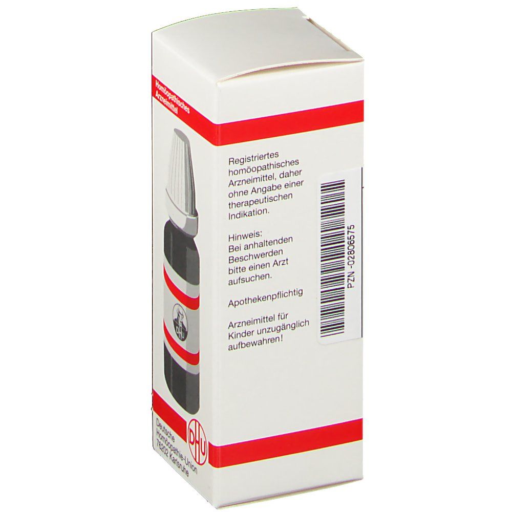 Weiße Schachtel mit roter Umrandung. Rückseite mit Text und Barcode. Tropfflasche sichtbar.