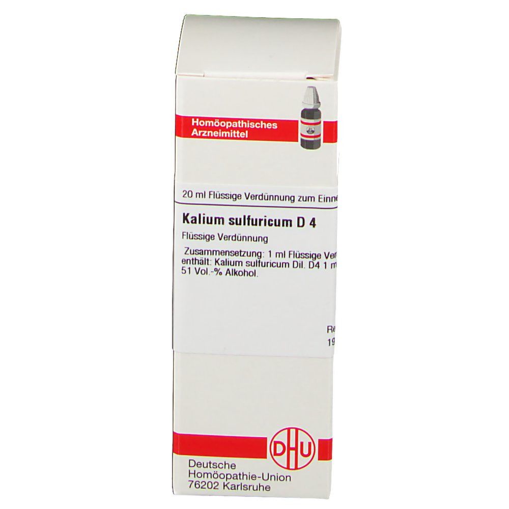 Weiße Schachtel mit roter Umrandung. Aufschrift: Kalium sulfuricum D4, DHU Logo. Tropfflasche sichtbar.