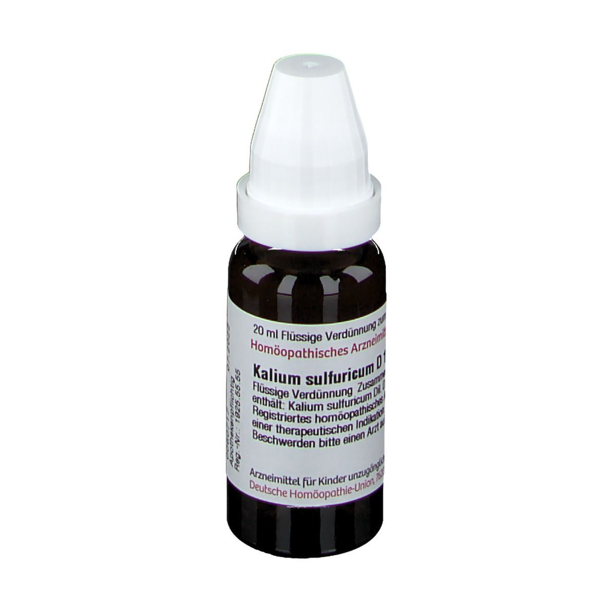Braune Glasflasche mit weißem Verschluss. Beschriftung: Kalium sulfuricum D12, 20 ml Flüssige Verdünnung. Deutsche Homöopathie-Union.