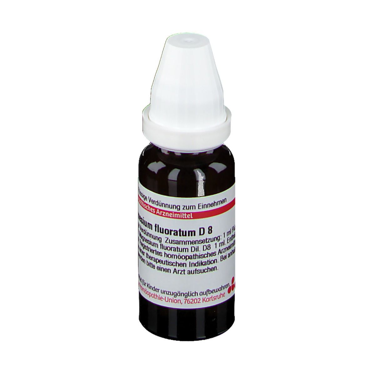 Braune Glasflasche mit weißem Deckel. Etikett mit Text: Magnesium fluoratum D8. Rote und weiße Details.