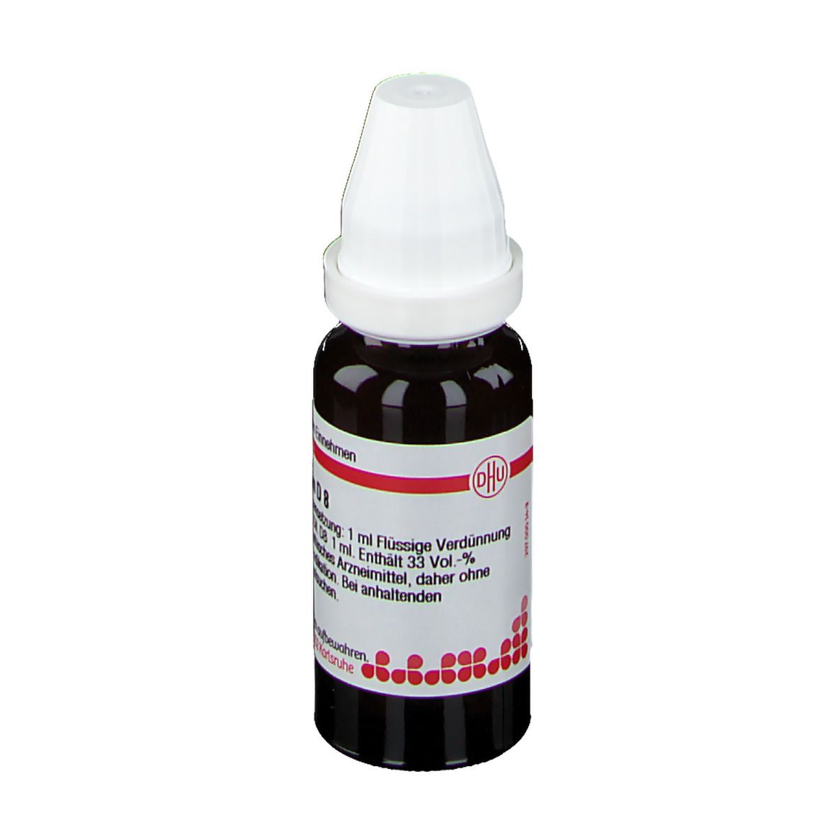 Braune Glasflasche mit weißem Deckel. Etikett mit Text: Magnesium fluoratum D8. DHU-Logo. Rote und weiße Details.