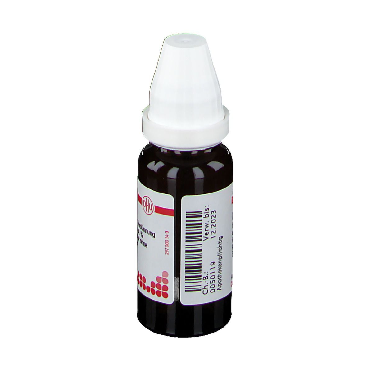 Braune Glasflasche mit weißem Deckel. Etikett mit Text: Magnesium fluoratum D8. Verfallsdatum 12.2023. Rote und weiße Details.