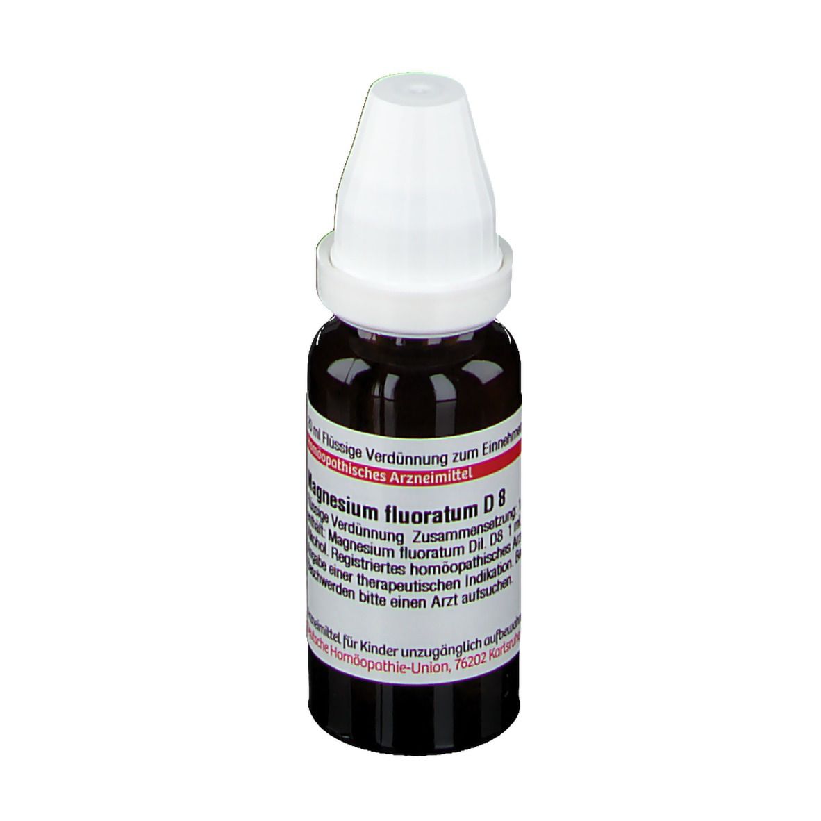 Braune Glasflasche mit weißem Deckel. Etikett mit Text: Magnesium fluoratum D8. Rote und weiße Details. DHU-Logo.
