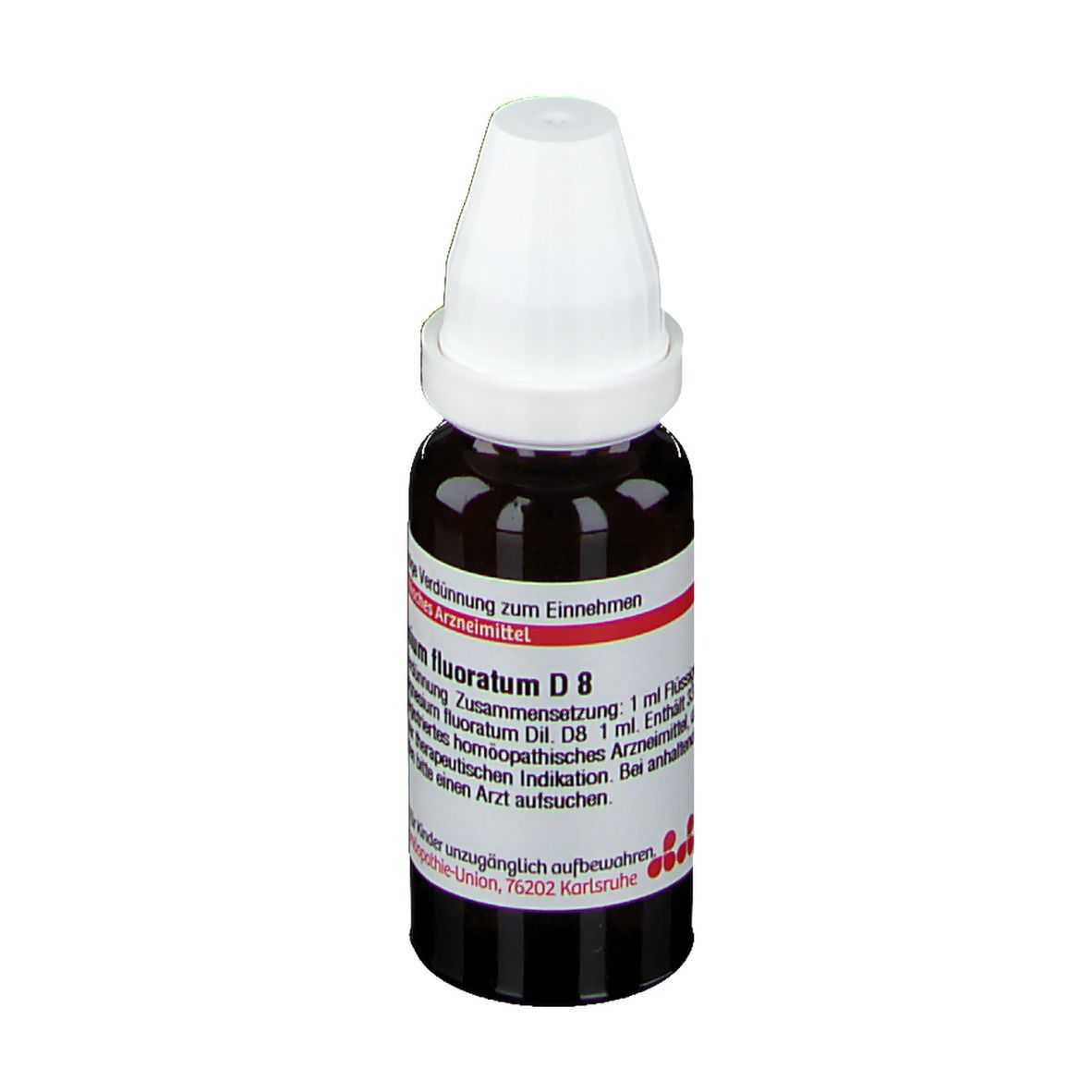 Braune Glasflasche mit weißem Deckel. Etikett mit Text: Magnesium fluoratum D8. Rote und weiße Details. DHU-Logo.