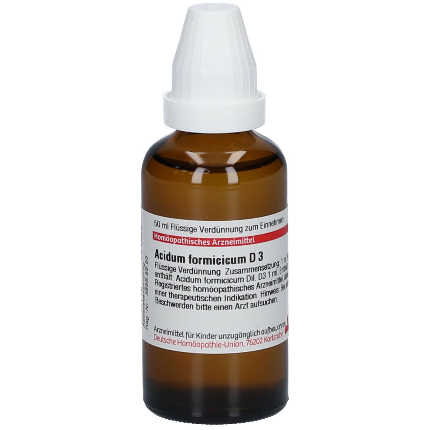 Braune Glasflasche mit weißem Verschluss. Beschriftung: Acidum formicicum D3, 50 ml. Homöopathisches Arzneimittel.