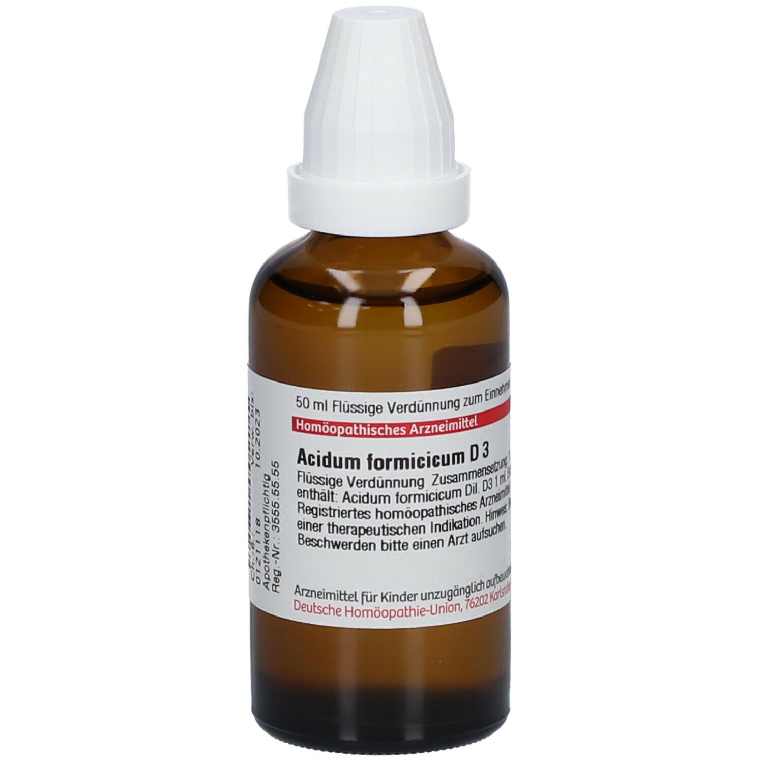 Braune Glasflasche mit weißem Verschluss. Beschriftung: Acidum formicicum D3, 50 ml. Homöopathisches Arzneimittel.