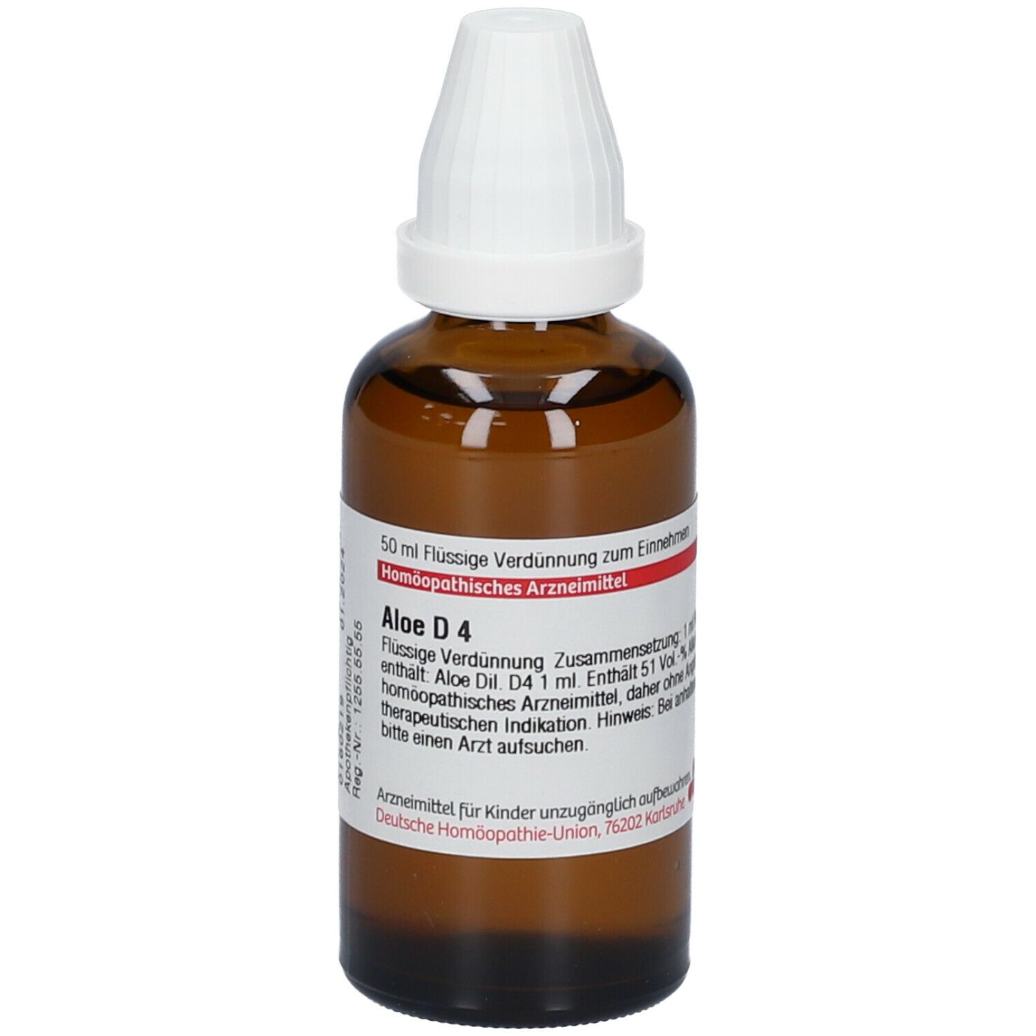 Braune Glasflasche mit weißem Verschluss. Etikett mit Text: Aloe D4, 50 ml, flüssige Verdünnung. Homöopathisches Arzneimittel.