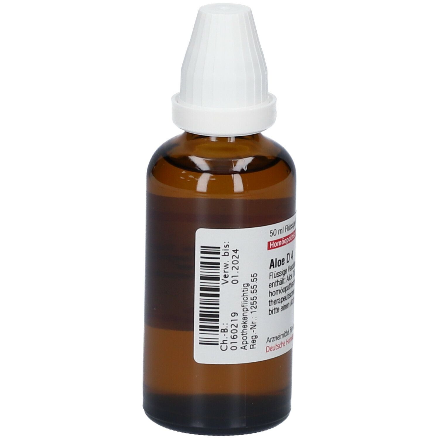 Braune Glasflasche mit weißem Verschluss. Etikett mit Text: Aloe D4, 50 ml, flüssige Verdünnung. Barcode und Verfallsdatum.