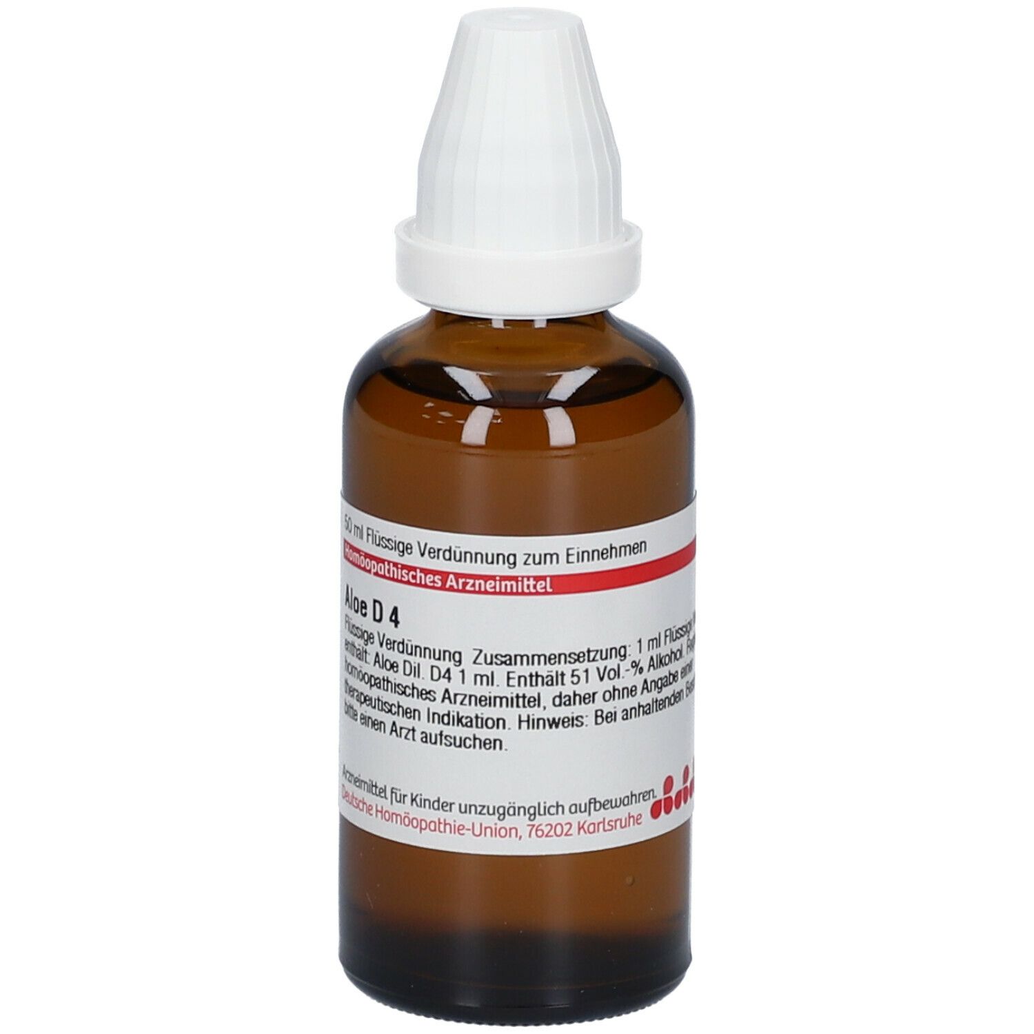 Braune Glasflasche mit weißem Verschluss. Etikett mit Text: Aloe D4, 50 ml, flüssige Verdünnung. Homöopathisches Arzneimittel.