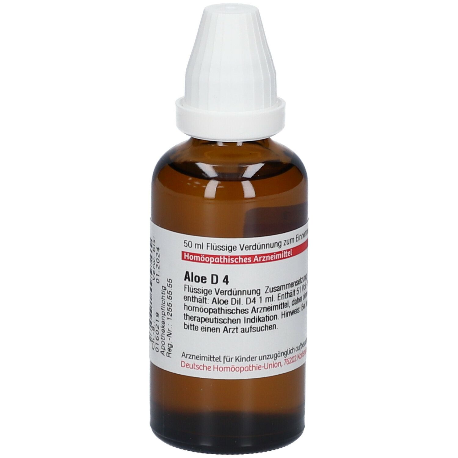 Braune Glasflasche mit weißem Verschluss. Etikett mit Text: Aloe D4, 50 ml, flüssige Verdünnung. Homöopathisches Arzneimittel.