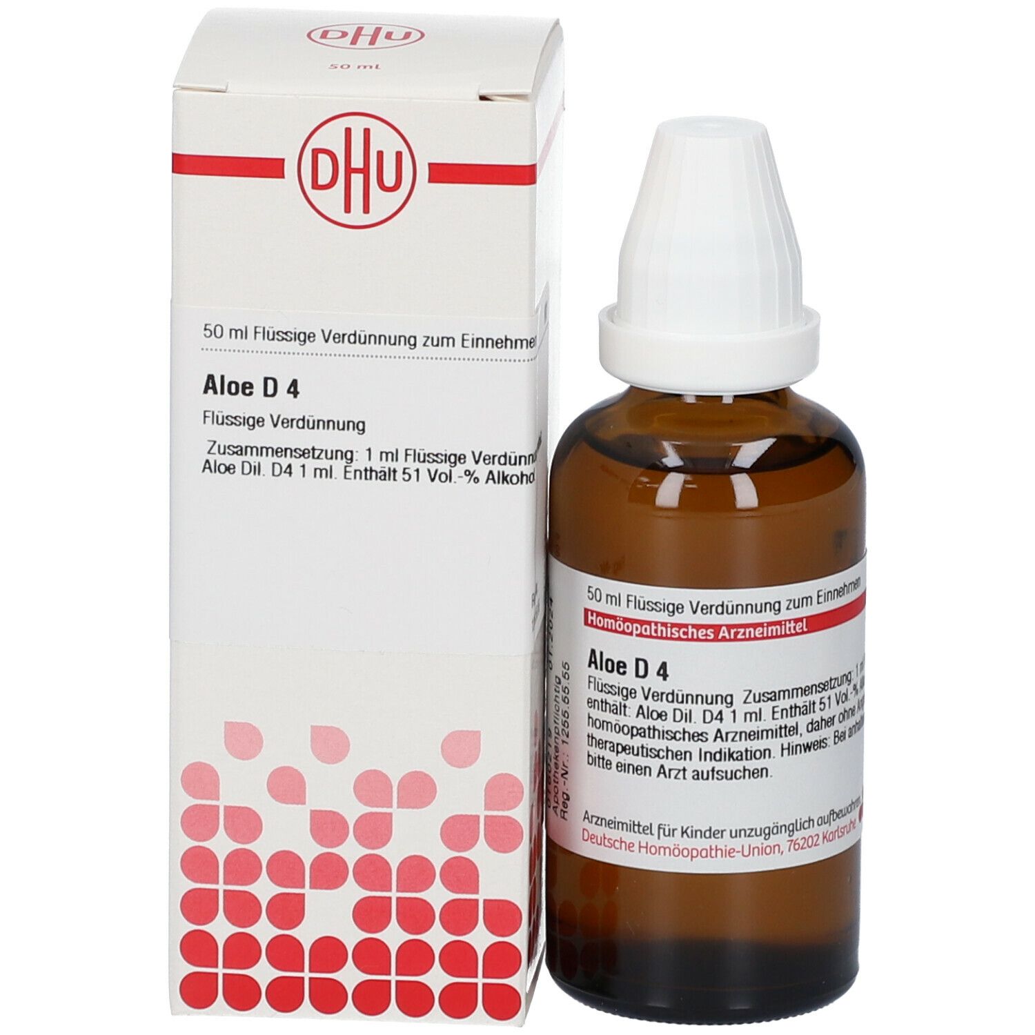 Braune Glasflasche mit weißem Verschluss und Karton. Karton mit Text: DHU, Aloe D4, 50 ml, flüssige Verdünnung. Homöopathisches Arzneimittel.