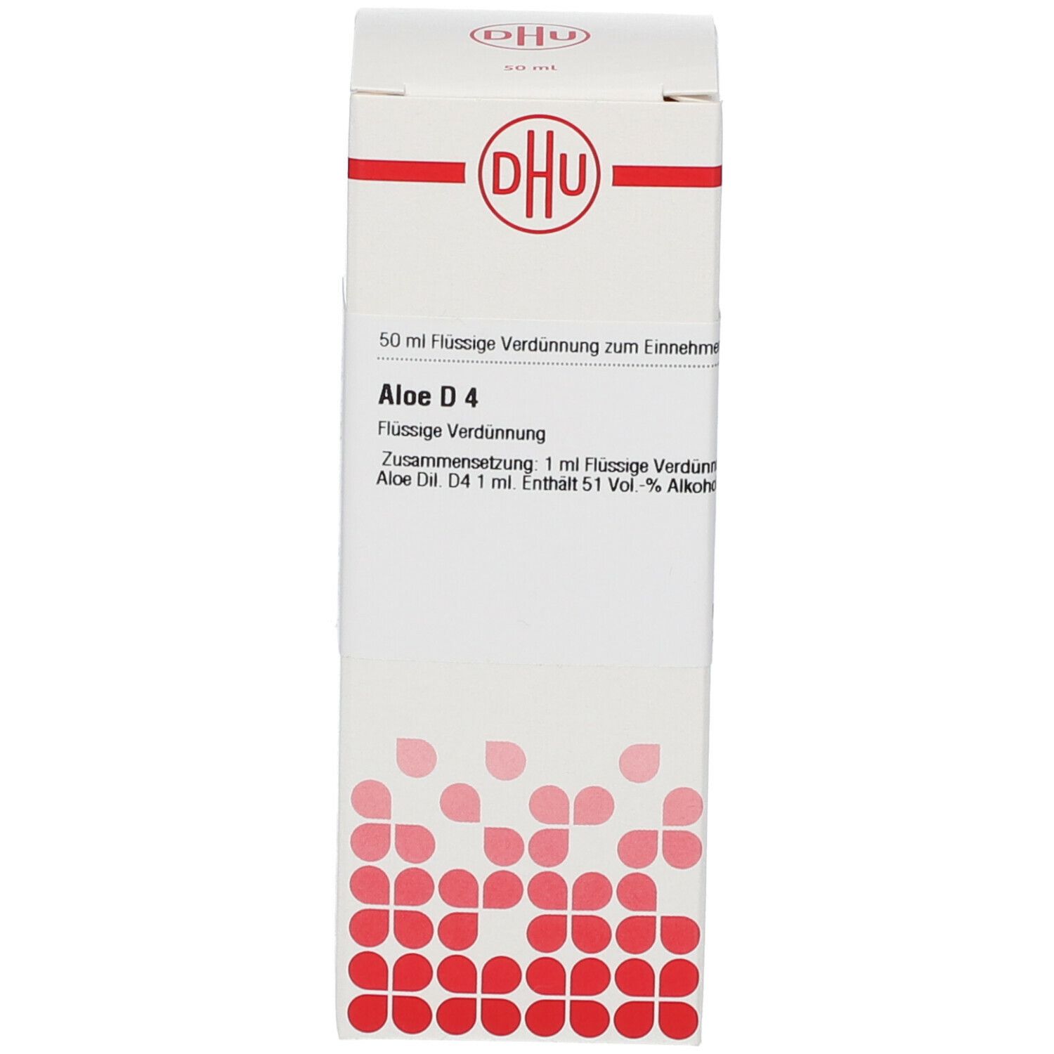 Weißer Karton mit rotem Muster. Text: DHU, Aloe D4, 50 ml, flüssige Verdünnung. Homöopathisches Arzneimittel.