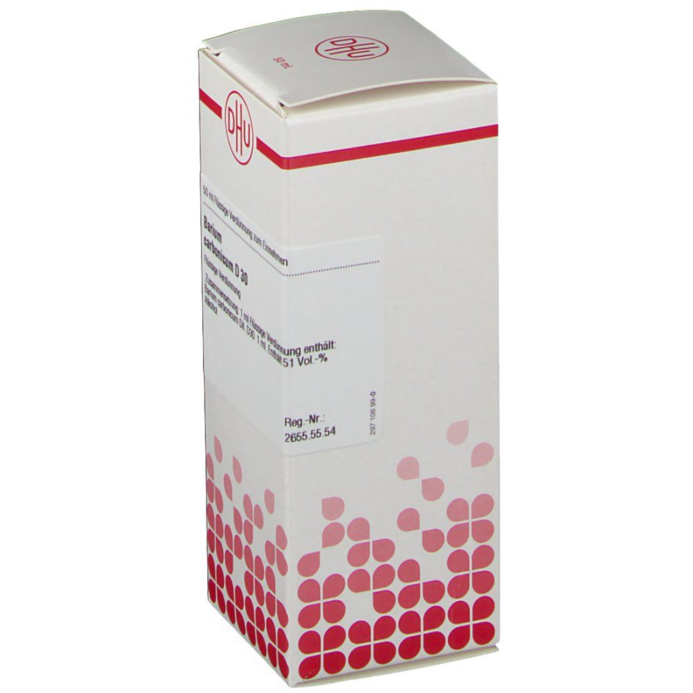 Weiße Faltschachtel mit rotem DHU-Logo. Aufschrift Barium carbonicum D 30. Text in deutscher Sprache. Rote, quadratische Muster am unteren Rand.