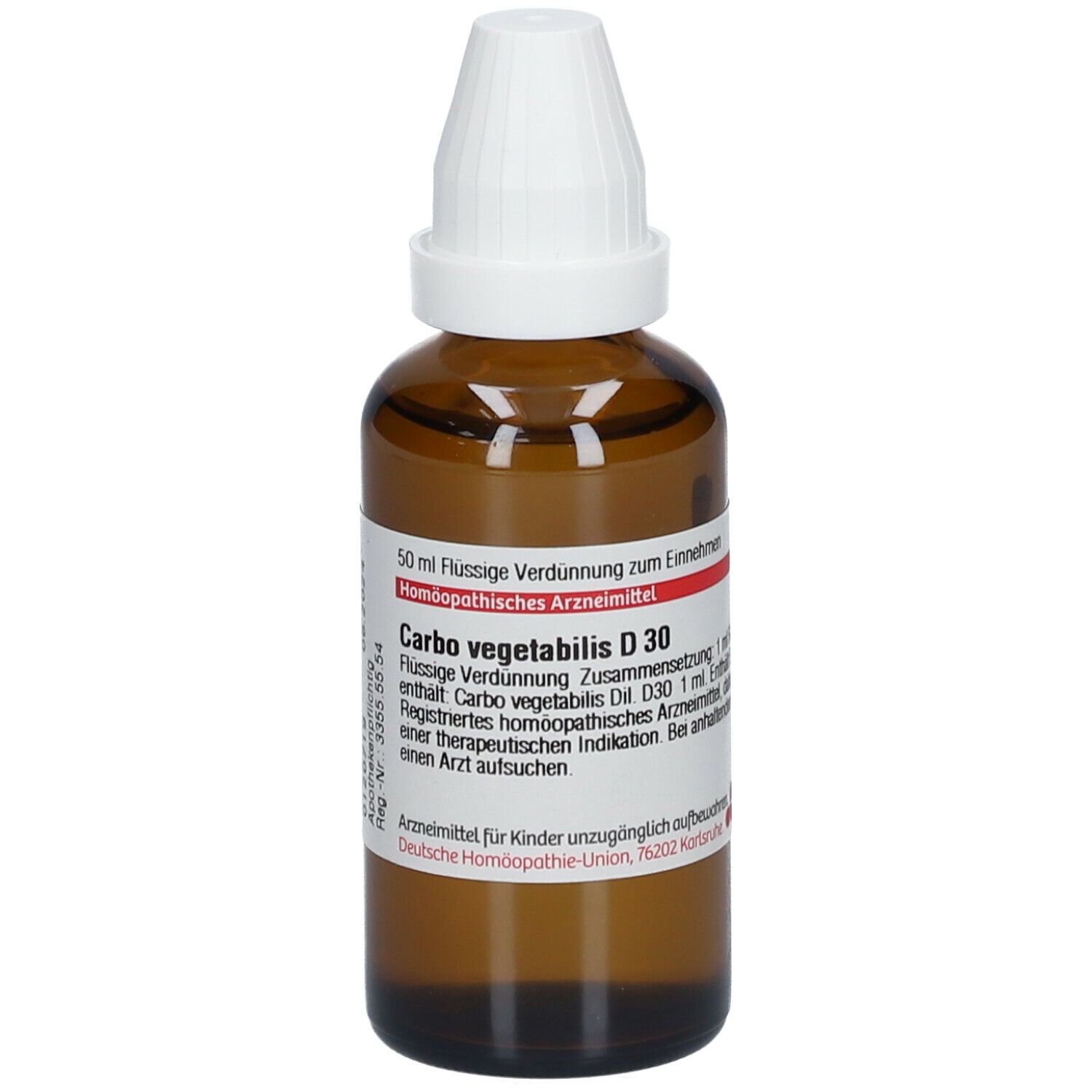 Braune Glasflasche mit weißem Verschluss. Etikett mit Produktinformationen: Carbo vegetabilis D30.