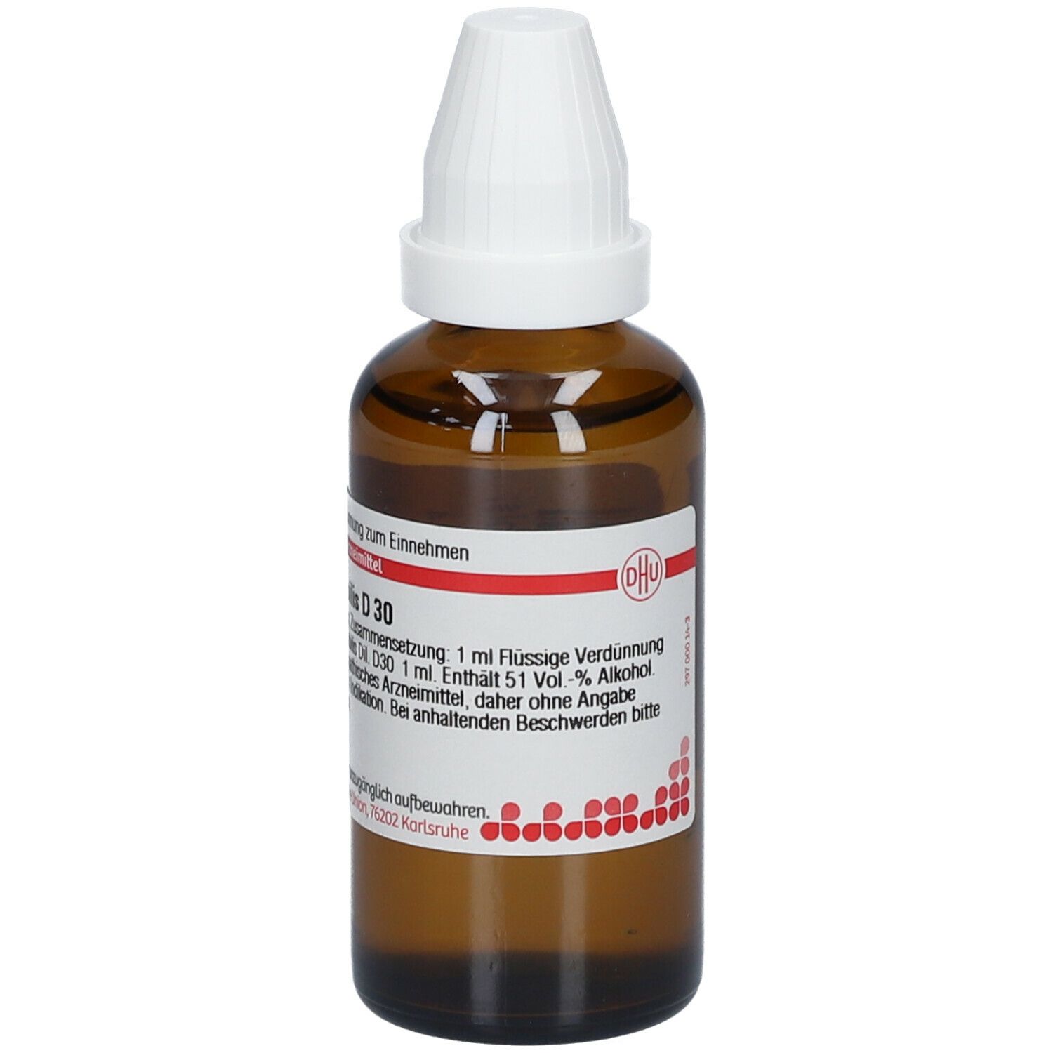 Braune Glasflasche mit weißem Verschluss. Etikett mit Produktinformationen: Carbo vegetabilis D30.