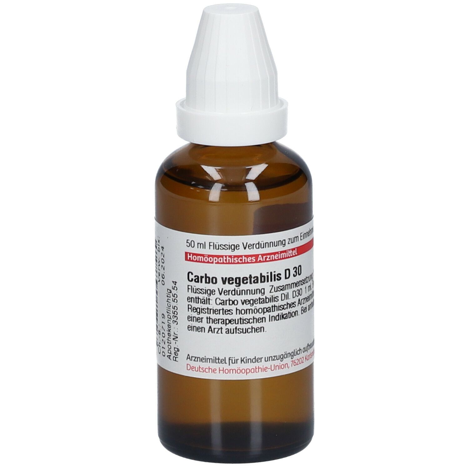 Braune Glasflasche mit weißem Verschluss. Etikett mit Produktinformationen: Carbo vegetabilis D30.