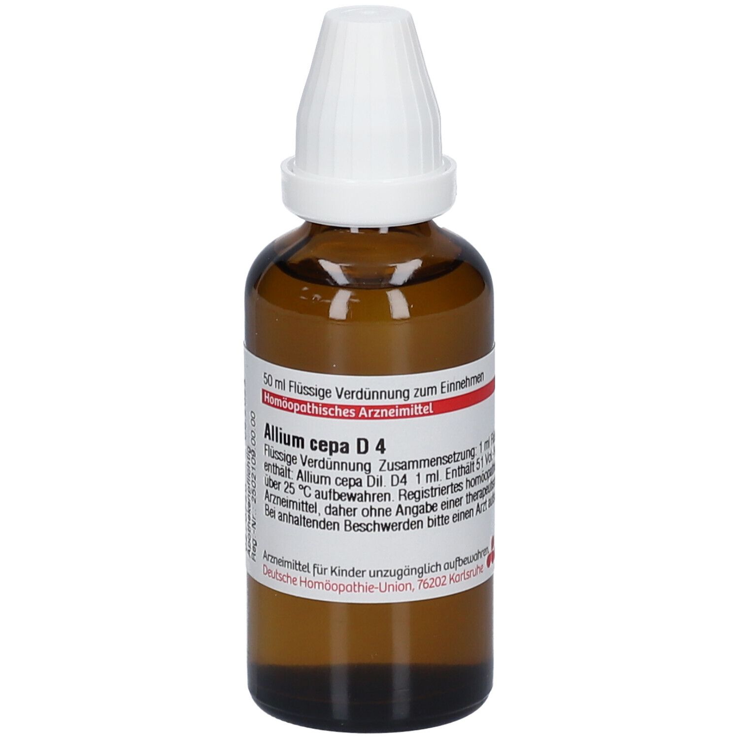 Braune Glasflasche mit weißem Verschluss. Beschriftung: Allium cepa D4, 50 ml flüssige Verdünnung.