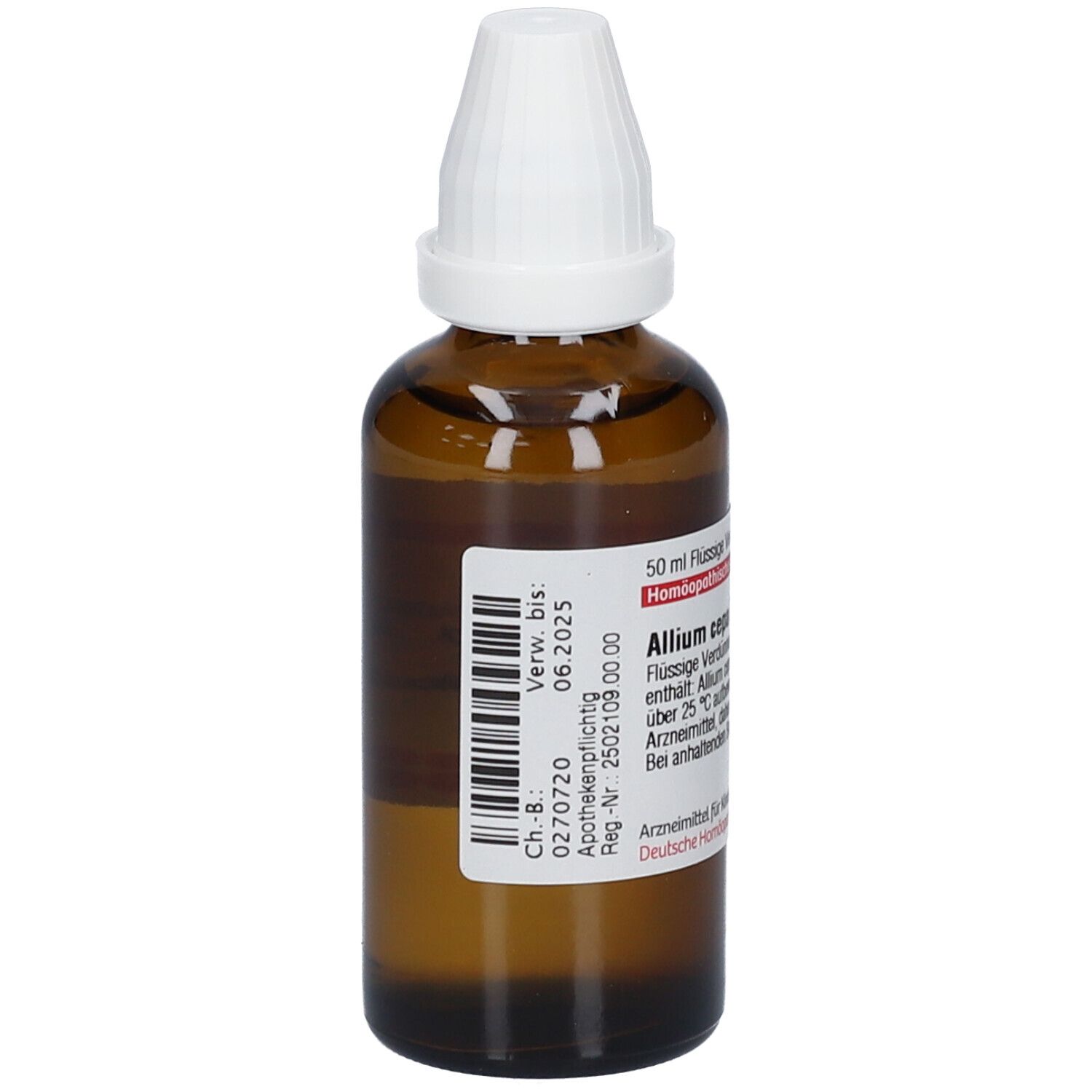 Braune Glasflasche mit weißem Verschluss. Etikett mit Text und Barcode. Verfallsdatum: 06.2025.