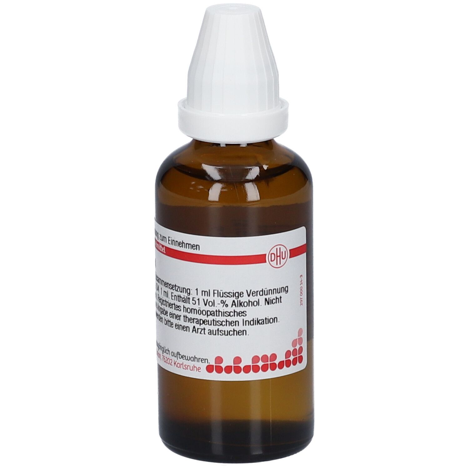 Braune Glasflasche mit weißem Verschluss. Beschriftung: DHU, Allium cepa D4, 50 ml flüssige Verdünnung.