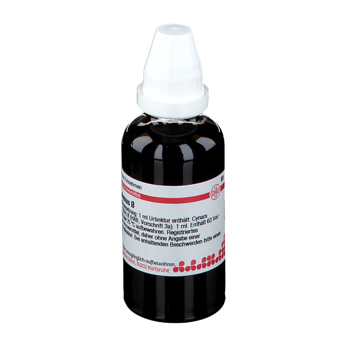 Braune Glasflasche mit weißem Deckel. Etikett mit Produktinformationen. Deutsche Homöopathie-Union.