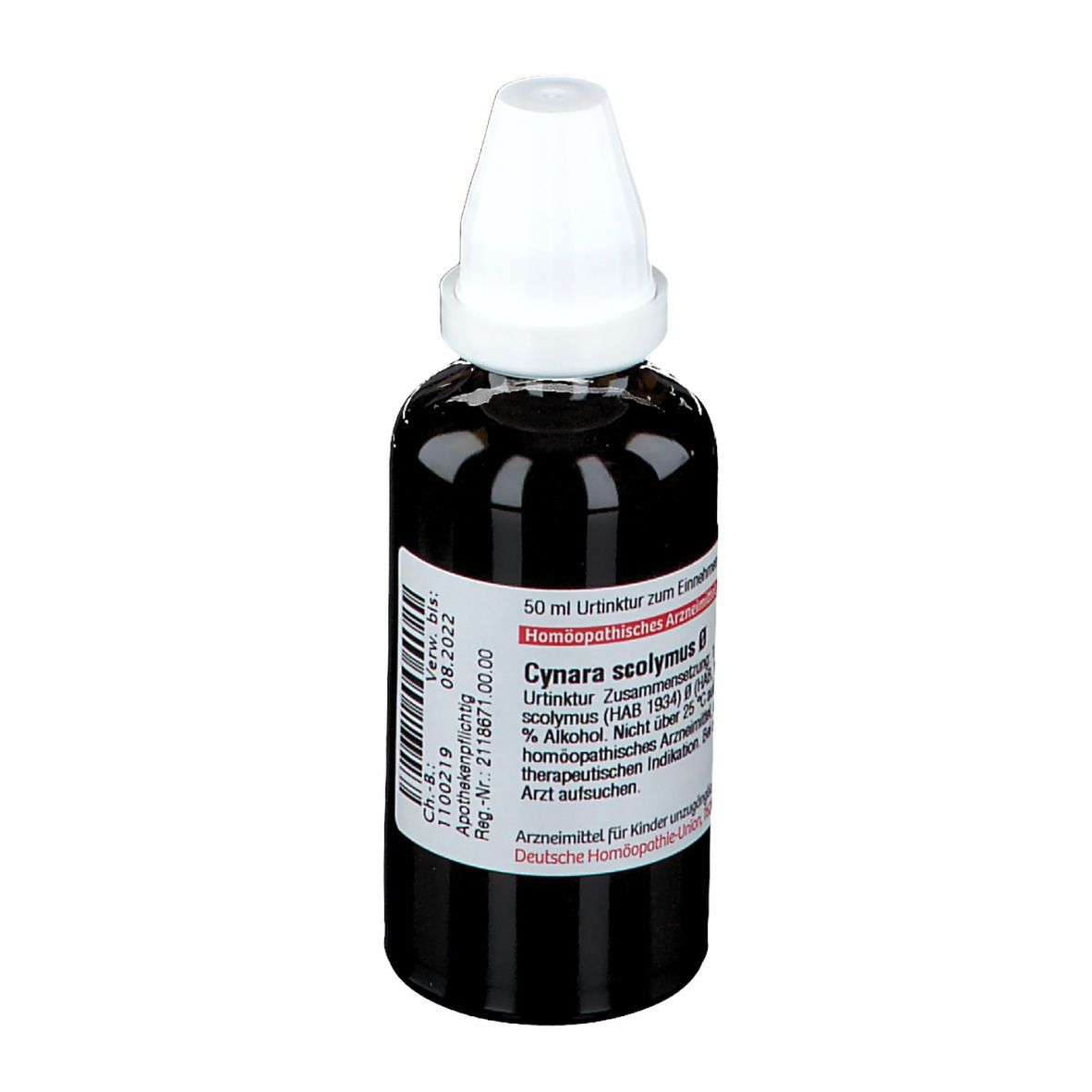 Braune Glasflasche mit weißem Deckel. Etikett mit Produktinformationen. Deutsche Homöopathie-Union.