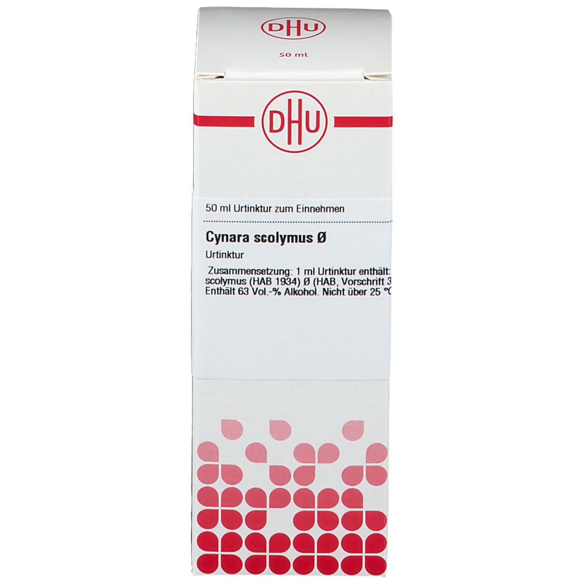 Weiße Faltschachtel mit DHU-Logo. Produktinformationen. Rote Punkte.