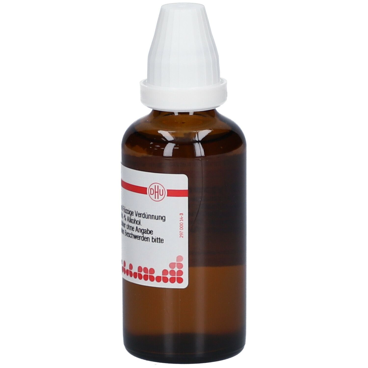 Braune Glasflasche mit weißem Verschluss. Etikett mit DHU Logo und Produktinformationen. Homöopathisches Arzneimittel.