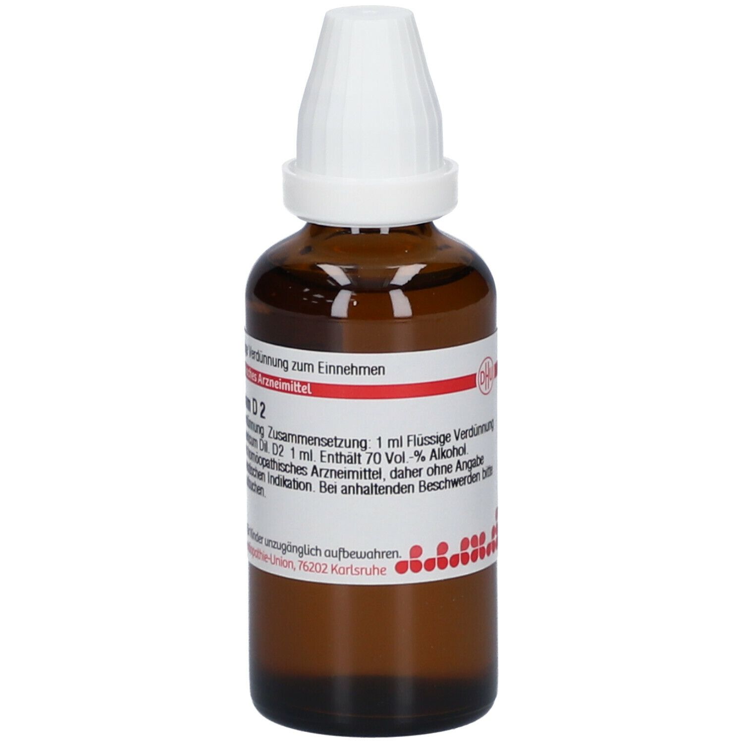 Braune Glasflasche mit weißem Verschluss. Etikett mit Produktinformationen und DHU Logo. Homöopathisches Arzneimittel.