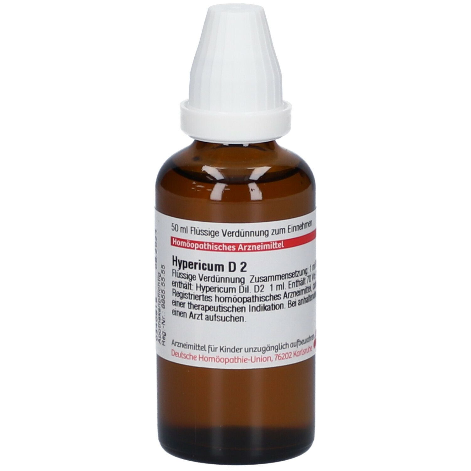 Braune Glasflasche mit weißem Verschluss. Etikett mit Produktnamen Hypericum D2 und weiteren Informationen. Homöopathisch.