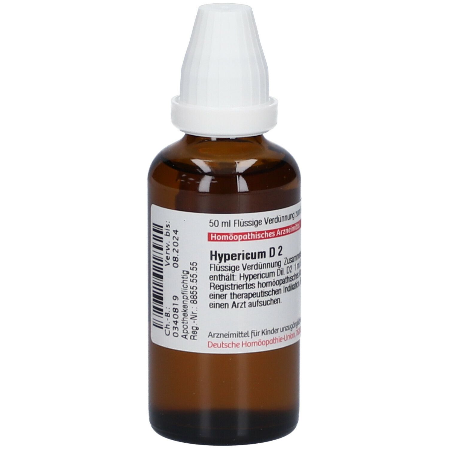 Braune Glasflasche mit weißem Verschluss. Etikett mit Produktnamen Hypericum D2 und weiteren Informationen. Apothekenpflichtig.