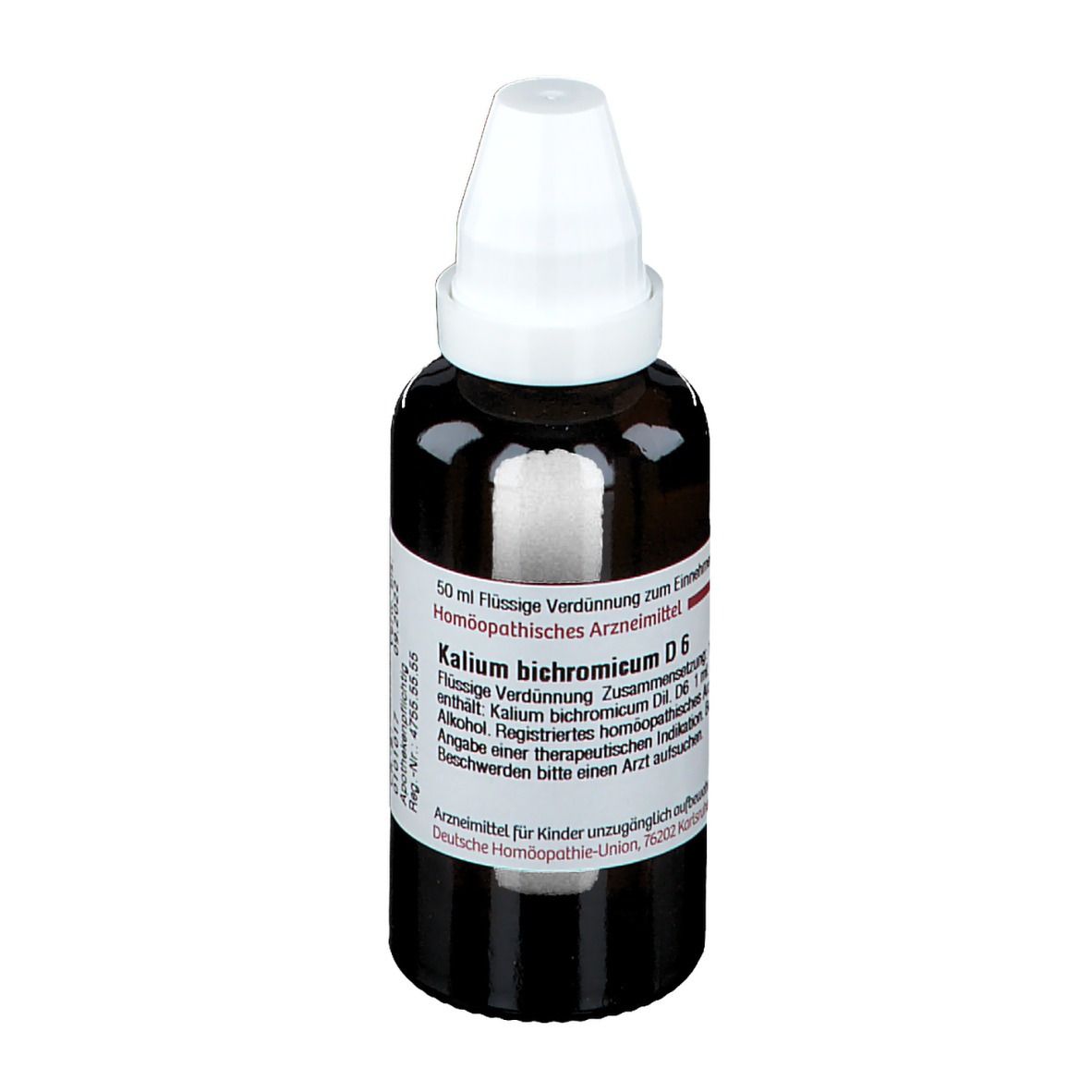 Braune Glasflasche mit weißem Verschluss. Beschriftung: Kalium bichromicum D6. Flüssige Verdünnung.