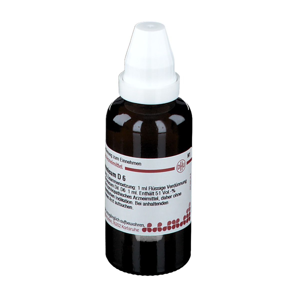 Braune Glasflasche mit weißem Verschluss. Beschriftung: Kalium bichromicum D6. Flüssige Verdünnung.